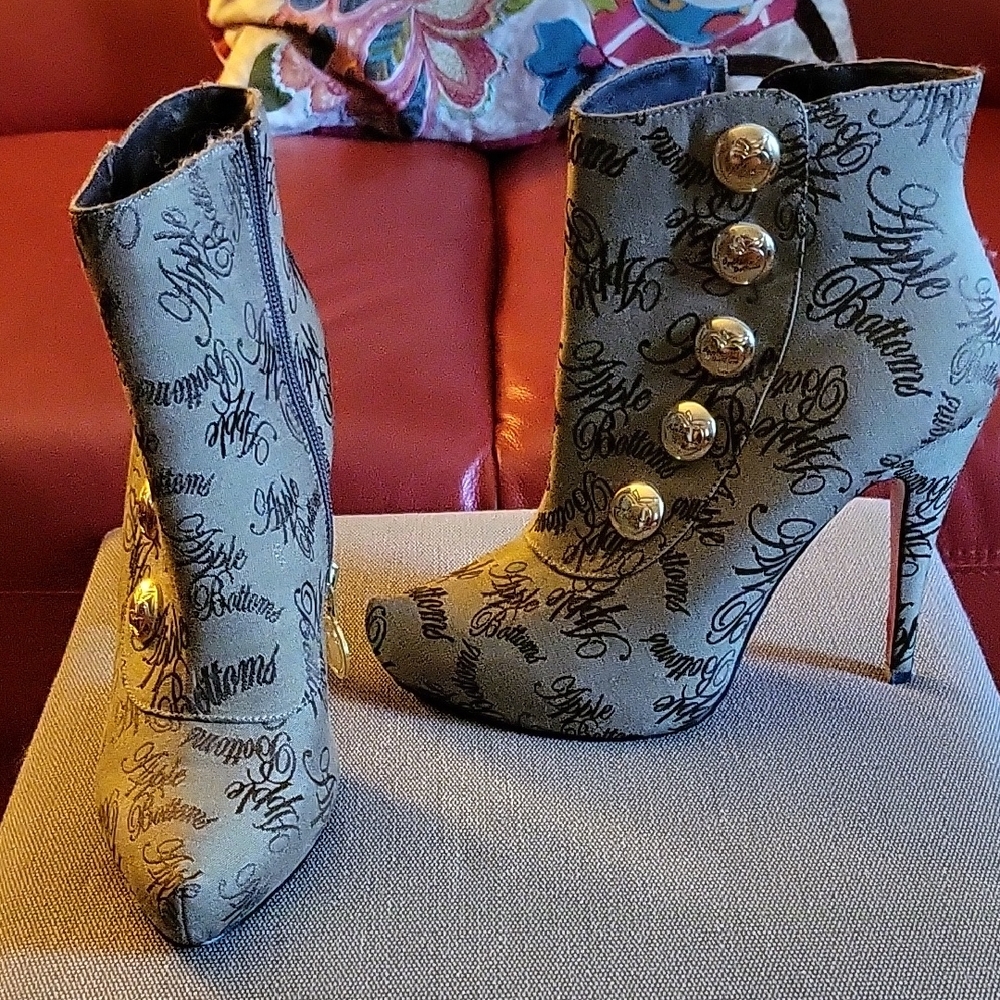 Apple Bottoms Scripted Heeled Boots with Gold Buttons